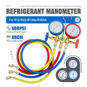 멀티 가스 매니폴드 게이지 세트 3방향 R12R22R134aR404A(자동차가정용 에어컨 서비스용 충전 호스 및 후크