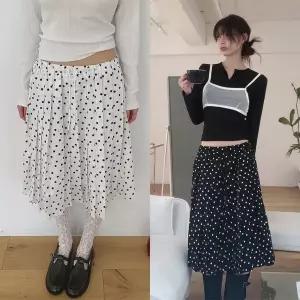 [모코블링]도트 플리츠 스커트 도트스커트 플리츠스커트 미디스커트 밴딩스커트 봄옷