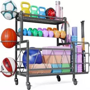 덤벨 랙 웨이트 케틀벨용 대용량 홈 체육관 장비 보관함 요가 매트 폼 롤러 등을 바퀴와 후크가 있는