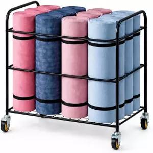 4개의 캐스터 휠이 있는 마이기프트 요가 매트 보관 랙 바닥 운동을 위한 블랙 롤링 홀더 폼 롤러 정리함