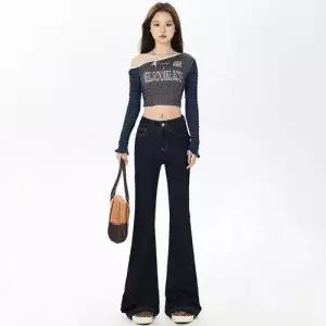 바지 여사친 청 청바지 스판 긴 아이템 트렌디 플레어 배기핏 도톰 HT4