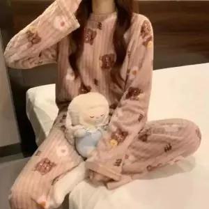 투피스잠옷극세사잠옷 여자 파자마 파티 곰돌이 수면 잠옷 극세사 홈웨어