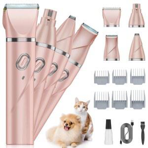 QREYX 업그레이드 개 그루밍 키트, 무선 발 트리머, 저소음 반려동물 헤어 클 키트 1개 중 4개, 두꺼운 코트를 입은 작은 반려동물을 위한 스테인리스 칼날이 있는 2단 네일 그라인더(핑크)