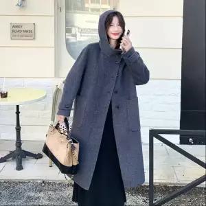 여성 회색 롱 모직 겨울 데일룩 집업야구항공 캐시미어 잠바 리버시블 코트 후드 DAOL4