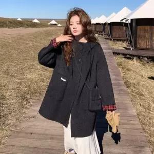 여사친 검정 모직 울 데일룩 리버시블 체크 코트 잠바 집업야구항공 후드 윈터 DAOL4