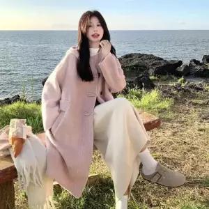 여자 핑크 울 모직 캐주얼 데일룩 잠바 집업야구항공 바람막이 후드 리버시블 코트 겨 DAOL4