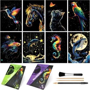 글로우 인 더 다크 스크래치 아트 키트 - 8장 레인보우 보드 A5 청소년 및 성인을 위한 창의적인 판화 공예