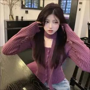 [옷은날개] 여성 골지니트 여리여리핏 버튼가디건 롱머플러 세트