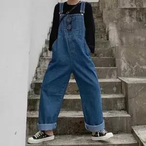 [옷은날개] 여성 데일리 와이드핏 데님팬츠 멜빵바지 청멜빵바지