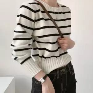 [옷은날개] 2컬러 스트라이프 단가라 크롭니트 긴팔 니트티셔츠