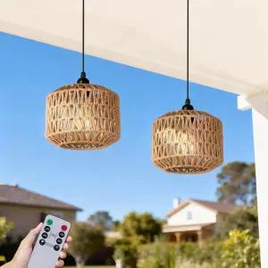 올 포춘 배터리로 작동하는 야외 샹들리에 전원 걸이 펜던트 조명 직조 라탄 가제보 퍼골라 현관 실내 장식