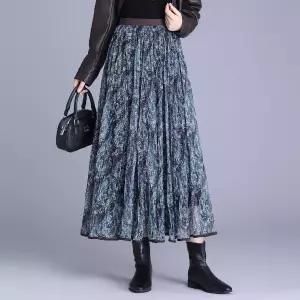 여성패션 쉬폰 스커트 망사 밴딩 캐주얼 롱 가을 겨울 플리츠 슬림핏 DL4