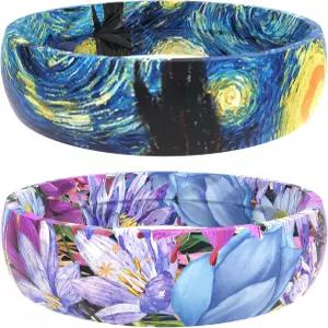 여성용 졸렌 실리콘 웨딩 링 2팩 통기성 인쇄 디자인 나뭇잎 유니크 편안한 핏