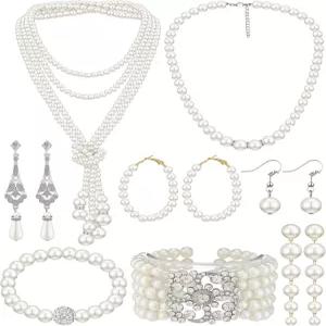 결혼식 신부 샤워 파티를 위한 여성용 BBTO 8개 진주 목걸이 및 귀걸이 세트 인조 팔찌 코스튬 주얼리