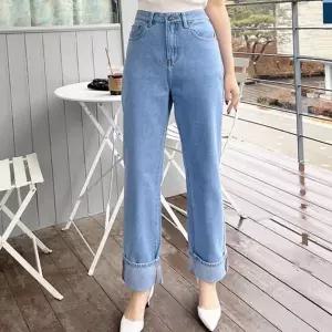 여성 롤업 청바지 루즈핏 일자 데님 와이드 청바지 팬츠 캐주얼