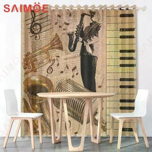 피아노 색소폰 악기 재즈 거실 패턴 그림 레트로 가림막 가리개 클래식 빈티지 창문 커튼