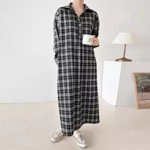 [유야]여성 체크 셔츠 롱 원피스 임부복 만삭원피스 -FOP0584- 봄 가을