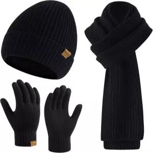 미오르펙스 남성 겨울 비니 모자 터치스크린 장갑 긴 스카프 3종 세트와 따뜻한 플리스 안감 니트 캡