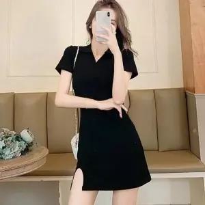 여자 카라 브이넥 밑단 트임 데일리 미니 블랙 원피스