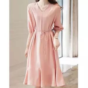 쉬폰 브이넥 여성 반팔 원피스 여름 시원한 A라인