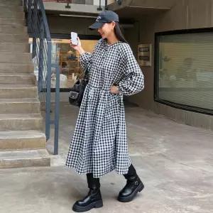 [유야]여성 면 체크 롱 원피스 임부복 -FOP0595- 봄 가을
