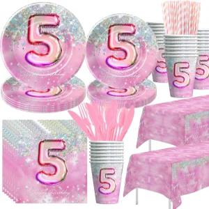 HIPVILD 핑크 5세 생일 장식 식기 소녀 다섯 번째 파티 용품 접시 컵 냅킨 식탁보 글리터 다이아몬드 식탁