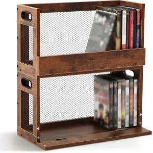 Jetec 2 세트 금속 및 나무 DVD 보관함 영화 홀더 선반 테이프 디스플레이 랙 휴대용 손잡이 비디오 게임