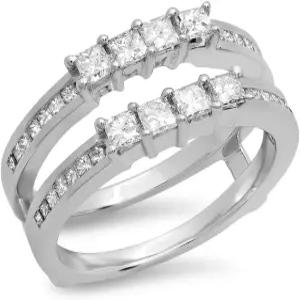 다방젤 0.90 캐럿 Ctw 14K 화이트 골드 도금 프린세스 컷 다이아몬드 여성 기념 웨딩 밴드 인핸서 가드