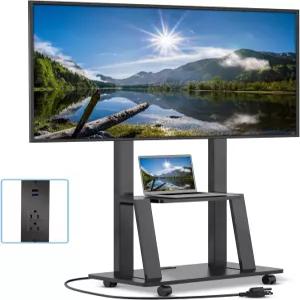 32-80인치 TV용 DIOOSN 롤링 스탠드 전원 콘센트가 있는 모바일 카트 바퀴가 야외 LCD OLED 4K 평면/곡선