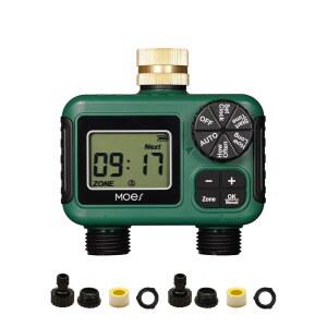 MOES 2 콘센트 스프링클러 타이머, 황동 흡입구, 프로그래머블 자동 관개 컨트롤러, 비 지연, 수동 급수, 정원, 잔디 및 호스 시스템용 2구역 워터 타이머