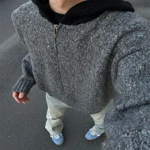 검정 회색 남성 니트 빈티지 가을 동계 카디건 트렌디 가디건 후드 집업 아이템 HT4