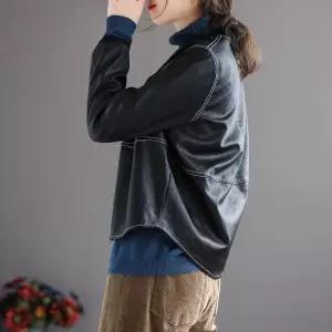 볼사스 여성 캐주얼 가을 야구 점퍼 잠바 앤티크룩 넥 PU가죽 가죽옷 집업 퓨어 루즈핏 긴팔 코트 ADOR3