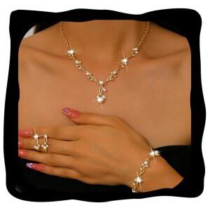 유니크라 펄 주얼리 세트 골드 프롬 공식 목걸이 귀걸이 팔찌 라인스톤 신부 결혼식 여성 및 신부용