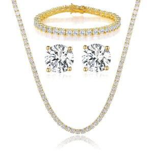 젬스미 18K 옐로우 골드 / 화이트 도금 웨딩 주얼리 세트 테니스 목걸이 팔찌 귀걸이 3팩
