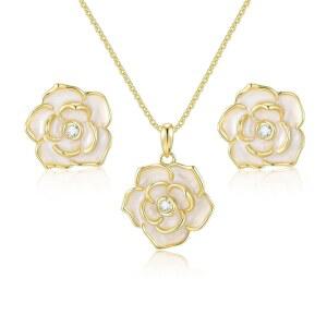 Goxygen 로즈 플라워 귀걸이 목걸이 세트 - 여성용 14,000 골드 도금 저자극 주얼리 세트, 트렌디한 큐빅 지르코니아 플로럴 펜던트 기념일 선물