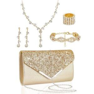 헤노이소 5개 지갑 라인스톤 주얼리 세트 프롬 클러치 목걸이 여성 신부용 귀걸이 팔찌