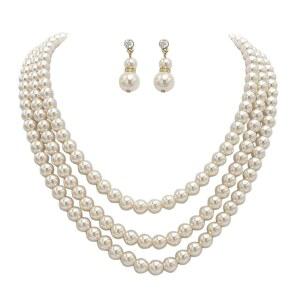 로즈마리 컬렉션 멀티 스트랜드 클래식 인조 진주 목걸이 및 귀걸이 세트 - 여성용 조절 가능한 주얼리 결혼식, 졸업식 특별 행사를 위한 우아한