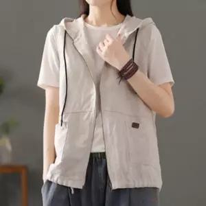 린넨 후드 스트링 써클링 지퍼 조끼 여름 베스트 자켓