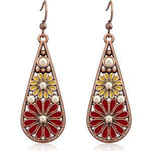 JIMAIN 수제 보헤미안 부족 레트로 구리 크리스탈 눈물 방울 귀걸이 국가 스타일 지오메트리 컬러풀 에나멜 꽃 고리 여성용