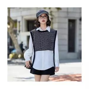 마이진 여성 가을 루즈핏 롱 셔츠 블라우스 캐주얼 스트라이프 케이프 긴팔 투피스 상의 ADOR3