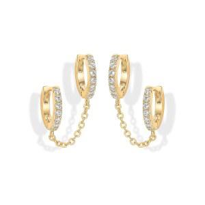 여성용 파보이 14K 골드 체인 귀걸이 | 더블 피어싱 당글 허기 후프 큐빅 지르코니아 펄 스터드 이어 커프