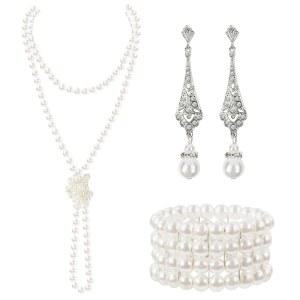 GHGMAO 1920년대 진주 주얼리 세트 - 긴 목걸이, 귀걸이 세트, 다층 팔찌 여성용 플래퍼 액세서리