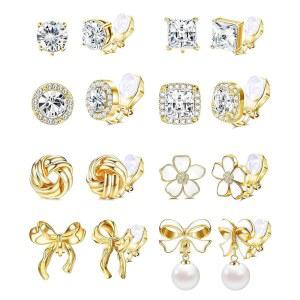귀걸이에 골드 클립 여성 8쌍 가짜 귀걸이 뚫리지 않음 - 보우 큐빅 지르코니아 펄 라운드 라인스톤 플라워 실버 헤일로 클립온 세트