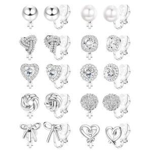 여성용 14K 금도금 큐빅 지르코니아 귀걸이 플로리데코 클립, 스터드 비관통 트위스트 매듭 시뮬레이션 진주 하트 세트