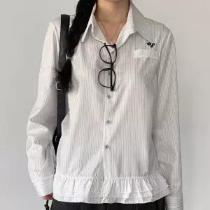 been 프릴 긴팔셔츠 / 여성 데일리룩 셔링 카라넥 트렌디한 스트라이프 패턴 하객룩 출근룩 봄 가을 패션 자수 포인트 루즈핏 긴소매 셔츠 편안한 상의 (MK-6080 )