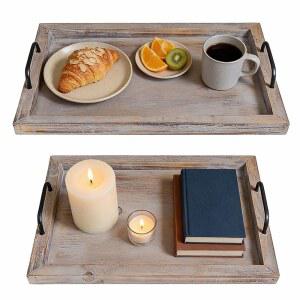 베스티 러스틱 빈티지 음식 서빙 트레이 (2개 세트) | 금속 손잡이가 있는 네스팅 나무 보드 스타일리시한 농가 장식 플래터 대형: 15 x 2 11 u201D - 소형: 13 9 인치 (러스틱)