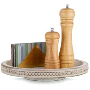 레이지 수잔 오거나이저 나무 턴테이블: 장식용 주방 카운터 커피 테이블 홈 데코, 구슬 스파이스 스피너 포함 하노베 화이트 원형 트레이 12인치