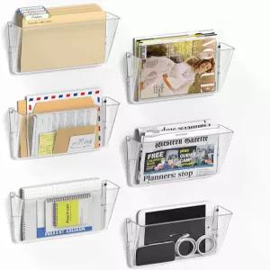 Samstar 6 팩 클리어 월 파일 홀더 마운트 아크릴 정리함 걸이형 포켓 메일 매거진 사무실 가정용