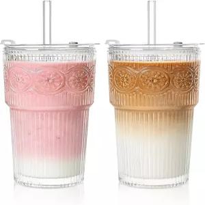 소울타임즈 20온스 립 앤 플로럴 유리 텀블러 세트 2종 - 뚜껑과 빨대가 포함된 재사용 가능한 유리컵 물