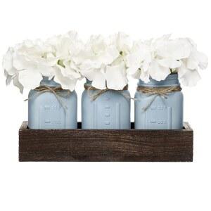 Mkono Mason Jar 센터피스 장식용 나무 트레이 3개 페인트 항아리 인조 꽃 소박한 시골 농가 추수감사절 장식 커피 테이블 다이닝 룸 거실 주방